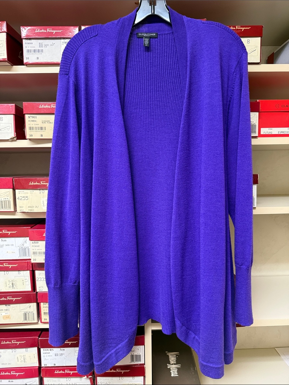 Eileen Fisher 100% merino wool royal purple open cardigan